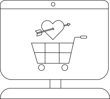 Bilgisayar monitörü ekranda kalbi okla delinmiş bir alışveriş arabasını gösteriyor.