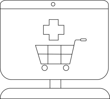 Üzerinde artı işareti olan bir alışveriş arabası simgesini gösteren bir bilgisayar monitörü çizimi