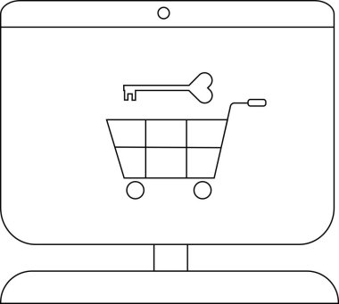 Bir alışveriş arabası ve anahtar sembolü gösteren siyah çizgili bilgisayar ekranı