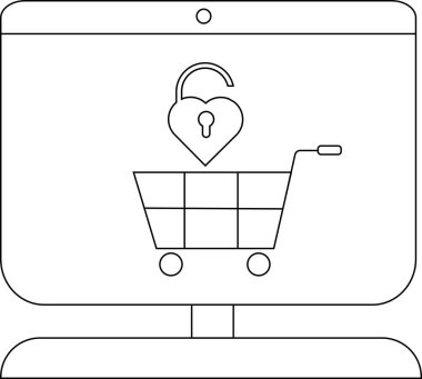 Tarzlı bir bilgisayar ekranı, bir alışveriş arabasının üzerinde kilitlenmemiş kalp şeklinde bir kilit gösteriyor.