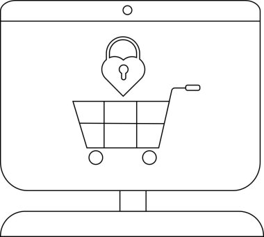 Monitörde üzerinde asma kilit olan bir alışveriş arabası var. Güvenli online alışverişi simgeliyor.