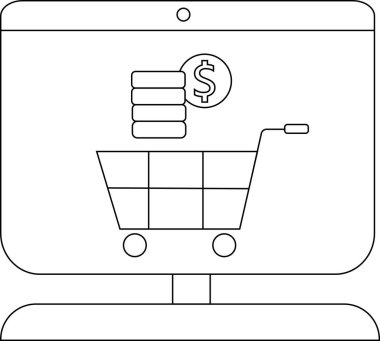 Monitörün çizdiği çizgi, alışveriş arabasının bozuk para yığınını ve dairenin içindeki dolar işaretini gösteriyor.