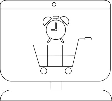 Bir alışveriş arabası ve saati gösteren bir masaüstü bilgisayar ekranı