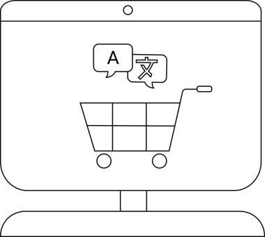 Bir bilgisayar ekranı bir alışveriş arabası gösterir. Metin baloncukları A ve Çince karakterleri gösterir.