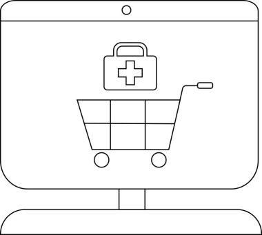 Tıbbi setin altında alışveriş arabasını gösteren bir bilgisayar monitörü.