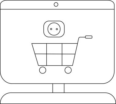 Bir bilgisayar monitörü bir alışveriş arabası ve elektrik soketi ana hatlarını gösteriyor