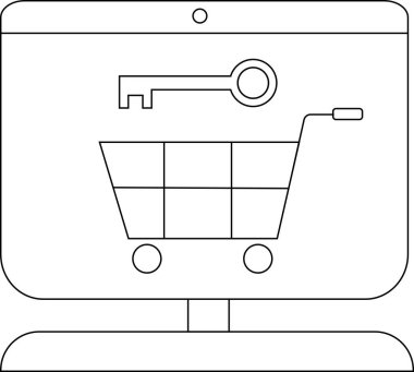 Bir bilgisayar monitörü bir alışveriş arabasının üzerinde anahtar gösteriyor.