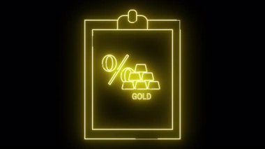 Siyah arkaplandaki neon sarı tabela, dikdörtgen bir çerçeve ile özetlenmiş yüzdelik bir sembolle altın külçelerini tasvir eder.