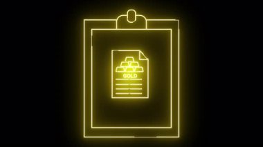 Sarı neon pano, yığılmış altın külçeleri ve altın rengi sözcüğü gösteren bir belge.