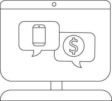 Bir bilgisayar monitörü konuşma baloncukları gösteriyor. Biri akıllı telefon, diğeri dolar işareti.