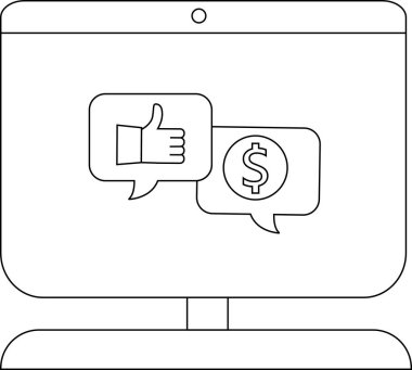 Bir bilgisayar ekranında başparmak simgesi ve dolar işareti ile konuşma baloncukları görüntülenir