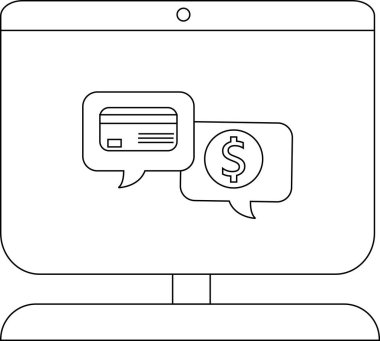 Bir masaüstü monitörü bir kredi kartı ve bir dolar işareti simgesi ile konuşma baloncukları görüntüler