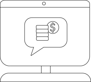 Bir bilgisayar ekranında içinde bozuk paralar ve dolar işareti olan bir konuşma balonu var.