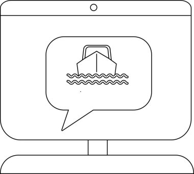 Konuşma baloncuğu içinde dalgalı suda bir tekneyi görüntüleyen monitör