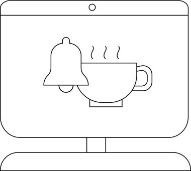 Bir uyarı zili ve yükselen buharlı kahve fincanını gösteren siyah beyaz bir monitör grafiği