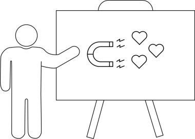 Bir kişi beyaz tahtaya mıknatıs takıp kalpleri çeker.