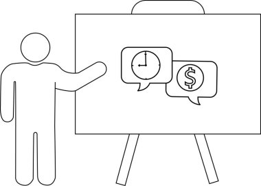 Bir figür üzerinde saat ve dolar işareti olan bir yazı tahtasına işaret ediyor.