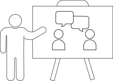 Bir figür tartışmada iki kişiyi gösteren bir beyaz tahtaya işaret ediyor.