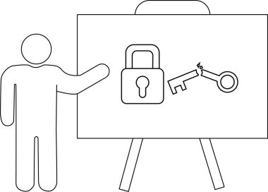 Çubuk figür beyaz tahtaya asma kilit ve kırık anahtar takıyor.