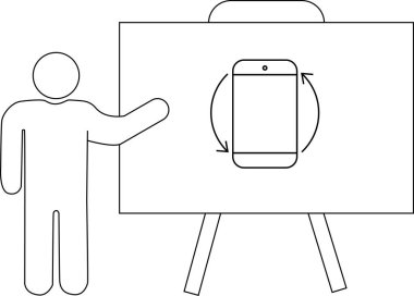 Telefon simgesi ve dairesel oklarla beyaz tahtayı gösteren çöp adam.