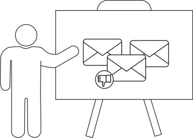 Üç posta simgesi içeren bir beyaz tahta sunan kişi. Biri başparmağından aşağı simgeli.