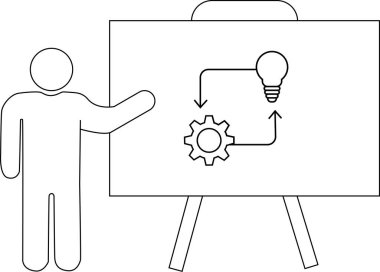 Çizilmiş kişi beyaz tahtaya ampul dişli okları sunuyor