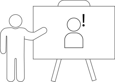 İllülasyon, içinde bir ünlem işareti ve basit bir insan ana hatları bulunan sehpaya monte edilmiş bir belge sunan bir kişiyi gösteriyor.