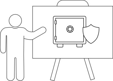 Beyaz bir tahtanın yanında duran figür bir sehpanın üzerinde güvenli ve kalkan çizimi sunuluyor.