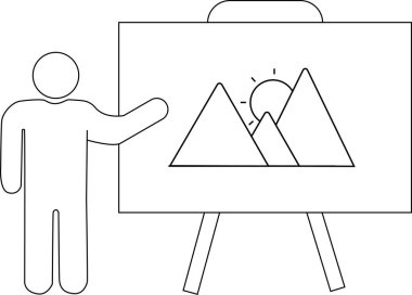 Dağlar ve güneş içeren bir sehpanın üzerine bir manzara resmi çizen bir figür