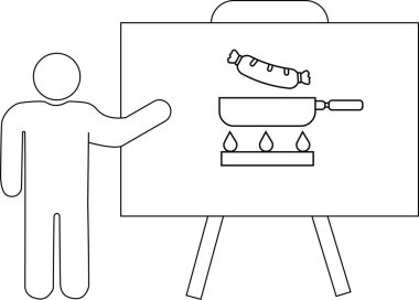 Çizilmiş figür yemek sahnesini sunar. Sosis, ocağın tepesinde, sehpanın üstünde.