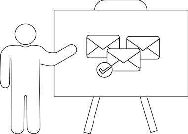 Yapışkan bir kişi, üzerinde çek yazan üç tane e- posta simgesi olan bir tahtayı sunar.