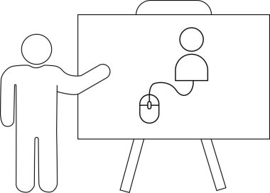 Çubuk bir figür, beyaz tahtada iki ayakla desteklenen bir fareye bağlı bir kişinin diyagramını sunar.