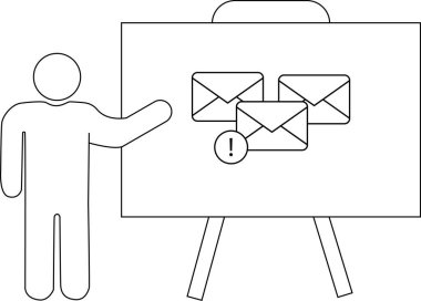 Basit bir çizim, bir beyaz tahtayı e-posta simgeleri ve bir ünlem işareti ile sunan bir figür tasvir eder
