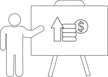 Beyaz tahtanın yanında duran bir kişi yukarı ok ve bir dolar işareti gösteriyor.