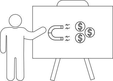 Bir kişi beyaz tahtaya dolar çeken bir mıknatıs sunar.