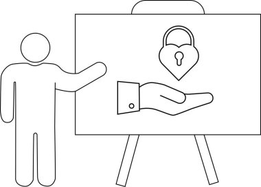 Bir beyaz tahtada el ve kalp kilidi çizerek sunum yapan kişi.