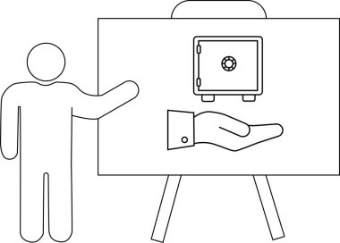 Elinin üzerinde bir kasa olan beyaz tahtayı gösteren bir kişinin çizgi çizimi