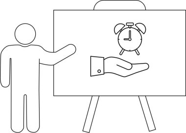 Satır sanatı, çalar saati tutan bir eli gösteren beyaz tahtayı gösteren bir sunum tasvir eder.