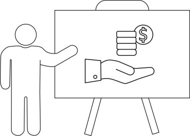 Bir sunucu beyaz tahtaya el ele tutulan parayı işaret eder.