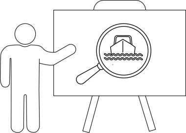 Çubuk adam beyaz tahta sunar bir büfede büyüteç altında bir tekne