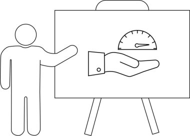 Bir figür, hız göstergesi tutan bir eli gösteren bir beyaz tahtayı işaret ediyor