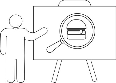 Sunum panosundaki büyüteç altında hamburgeri işaret eden kişi