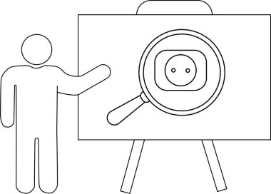 Çizgi çizen kişi büyüteç altında elektrik prizi olan beyaz tahtayı işaret ediyor.