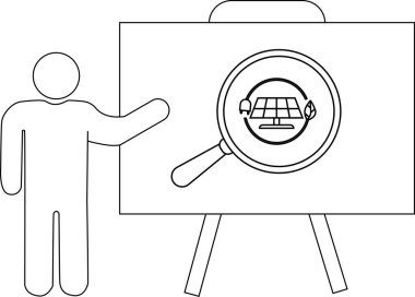 Şövaledeki güneş paneline odaklanmış bir büyüteç sunan birinin çizgi çizimi