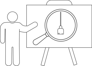 Grafik, süpürgeye odaklanmış bir büyüteçle beyaz tahta sunan birini gösteriyor.