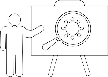 Bir çöp adam büyüteç altındaki virüsü gösteren beyaz tahtayı işaret ediyor.