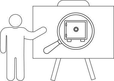 Bir kişi beyaz tahtaya bir büyüteç yerleştirir ve kasaya odaklanır.