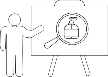 Bir kişi, büyütülmüş el dezenfektanı gösteren bir beyaz tahta sunar.