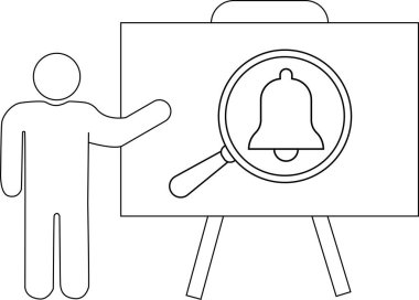 Bir insan, üzerinde büyüteç bulunan bir çan olan beyaz tahtayı gösterir.