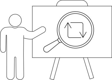 Bir şekil, yukarı ve aşağı ok ile bir kare üzerinde büyüteç gösteren bir tahtaya işaret eder.